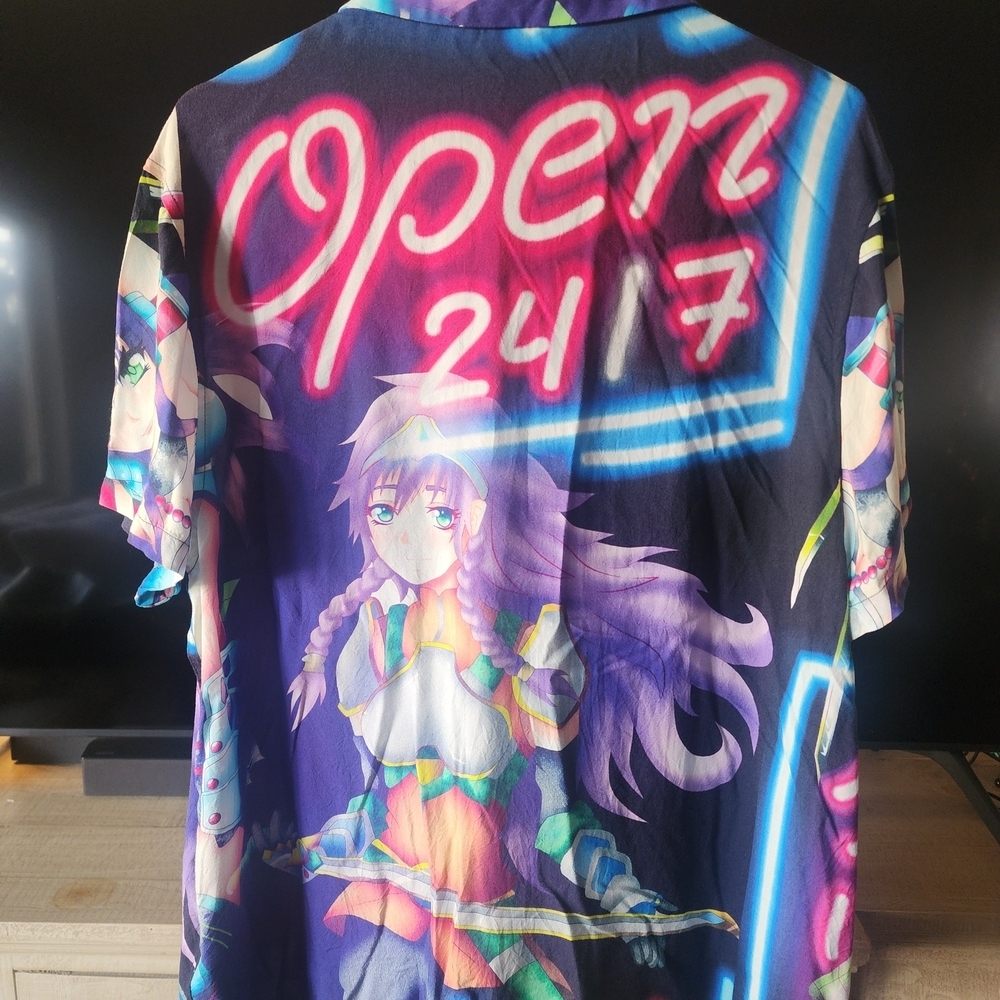 ASOS Y2k Anime Graphic Button-Up Shirt | Neon Manga Print | Bold Streetwear Top - Picture 7 of 8